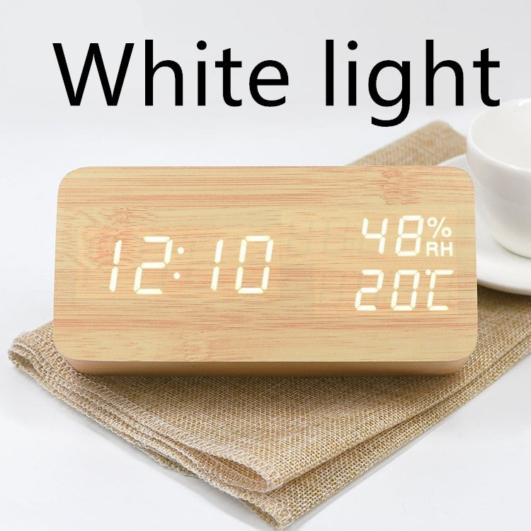 Wooden Digital Alarm Clock with Temperature Humidity LED Desk Clock for Office Bedroom Wooden Electric Clock Bedside Décor Gift