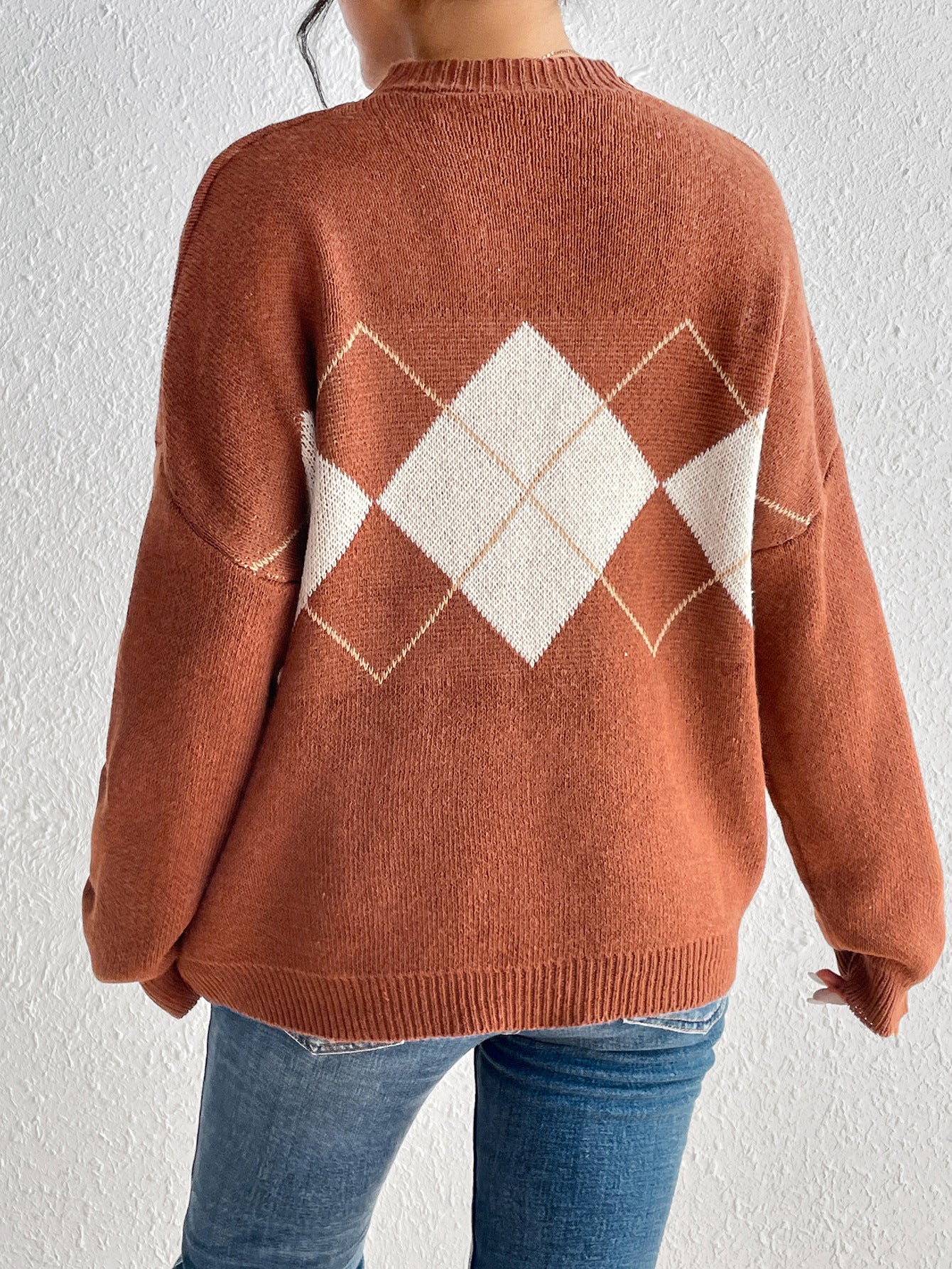 Autumn And Winter Simplicity Color Contrast Patchwork Diamond Lattice Pullover Knitted Sweater
