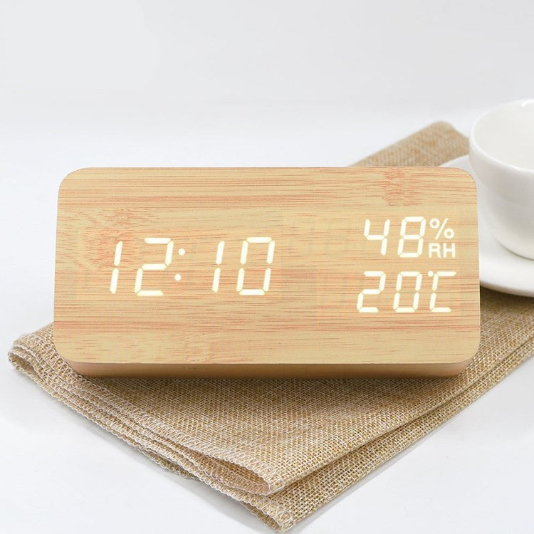 Wooden Digital Alarm Clock with Temperature Humidity LED Desk Clock for Office Bedroom Wooden Electric Clock Bedside Décor Gift