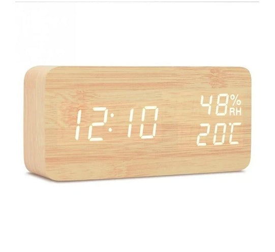 Wooden Digital Alarm Clock with Temperature Humidity LED Desk Clock for Office Bedroom Wooden Electric Clock Bedside Décor Gift