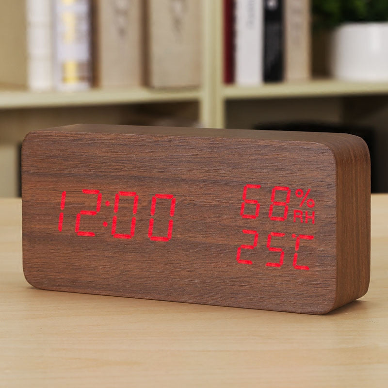 Wooden Digital Alarm Clock with Temperature Humidity LED Desk Clock for Office Bedroom Wooden Electric Clock Bedside Décor Gift