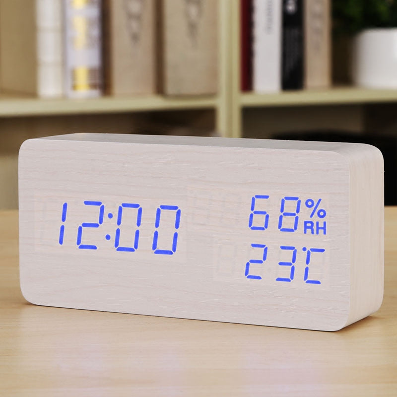 Wooden Digital Alarm Clock with Temperature Humidity LED Desk Clock for Office Bedroom Wooden Electric Clock Bedside Décor Gift