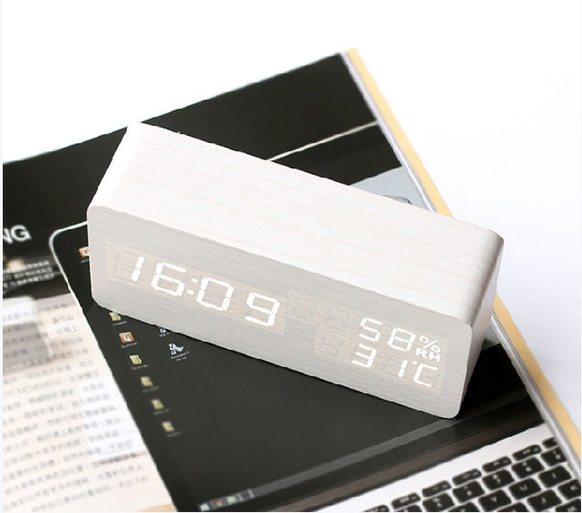 Wooden Digital Alarm Clock with Temperature Humidity LED Desk Clock for Office Bedroom Wooden Electric Clock Bedside Décor Gift