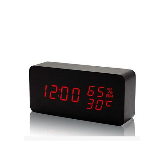 Wooden Digital Alarm Clock with Temperature Humidity LED Desk Clock for Office Bedroom Wooden Electric Clock Bedside Décor Gift