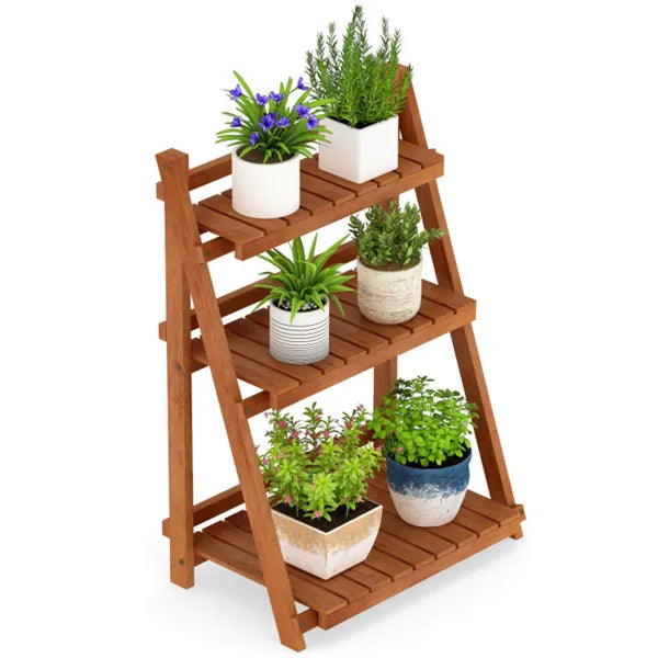 Acacia Wood 3-Tier Ladder Plant Stand, Foldable Indoor Outdoor Display Rack