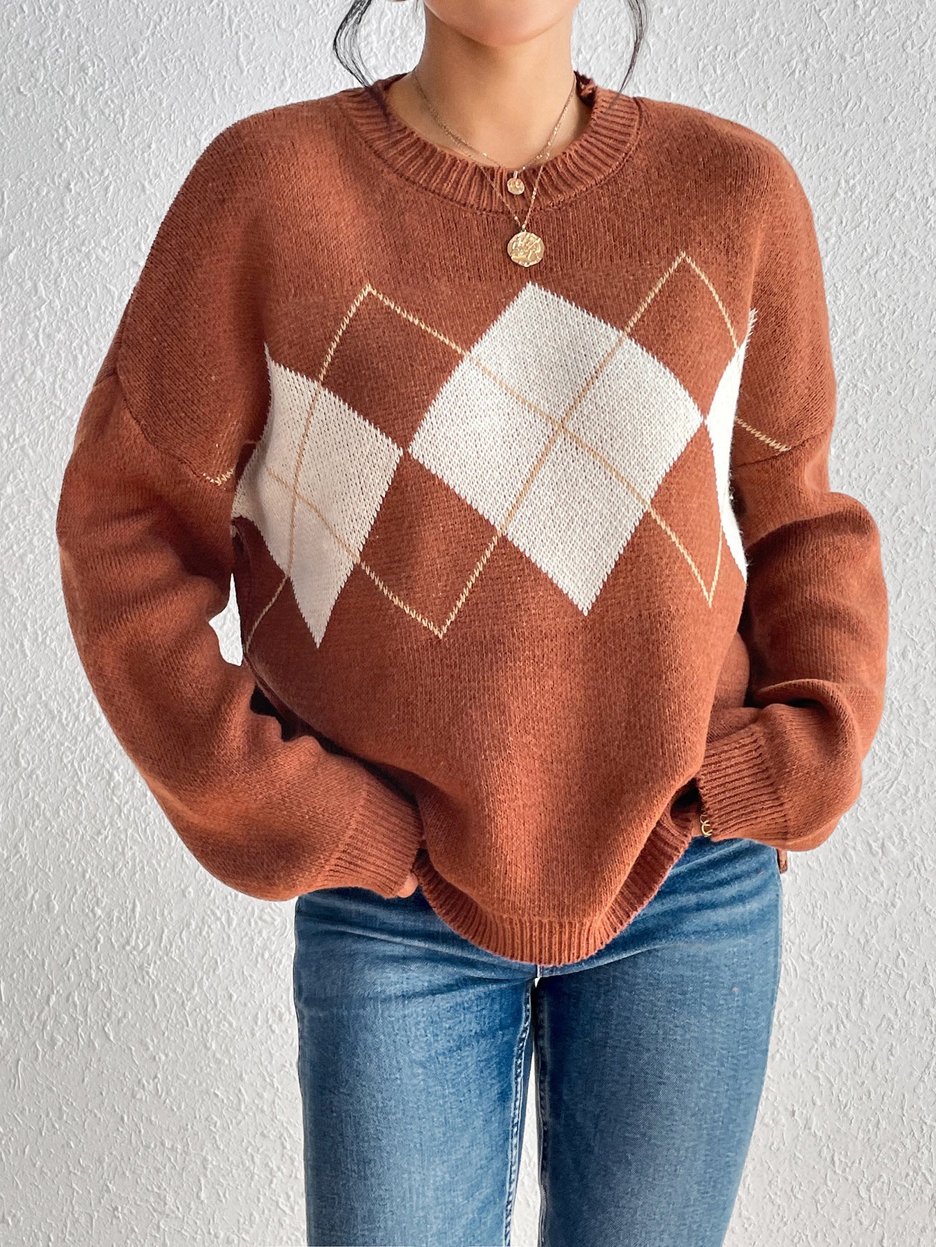 Autumn And Winter Simplicity Color Contrast Patchwork Diamond Lattice Pullover Knitted Sweater