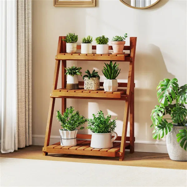 Acacia Wood 3-Tier Ladder Plant Stand, Foldable Indoor Outdoor Display Rack